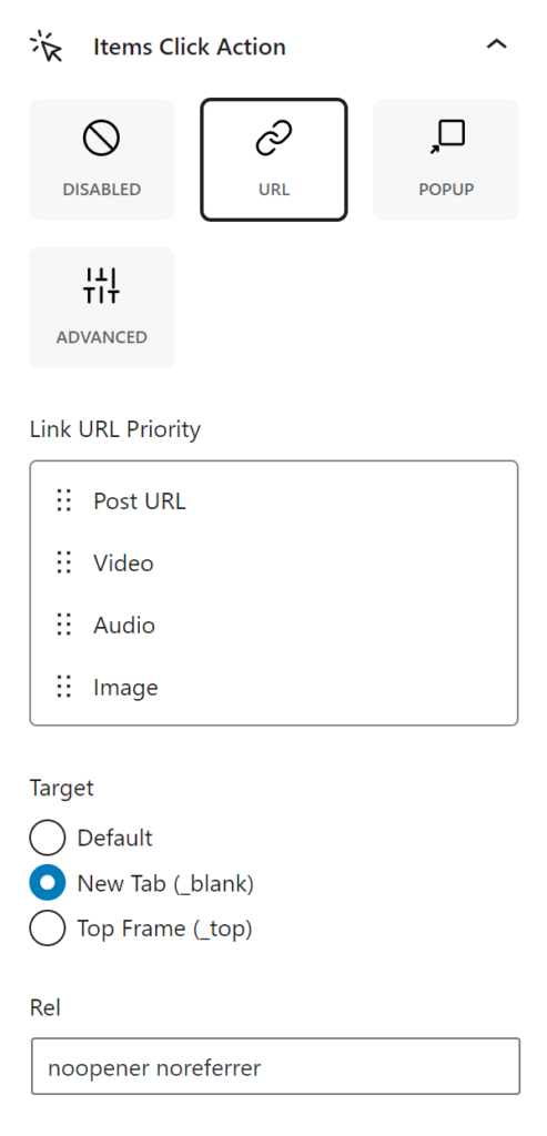 Items click action settings for URL